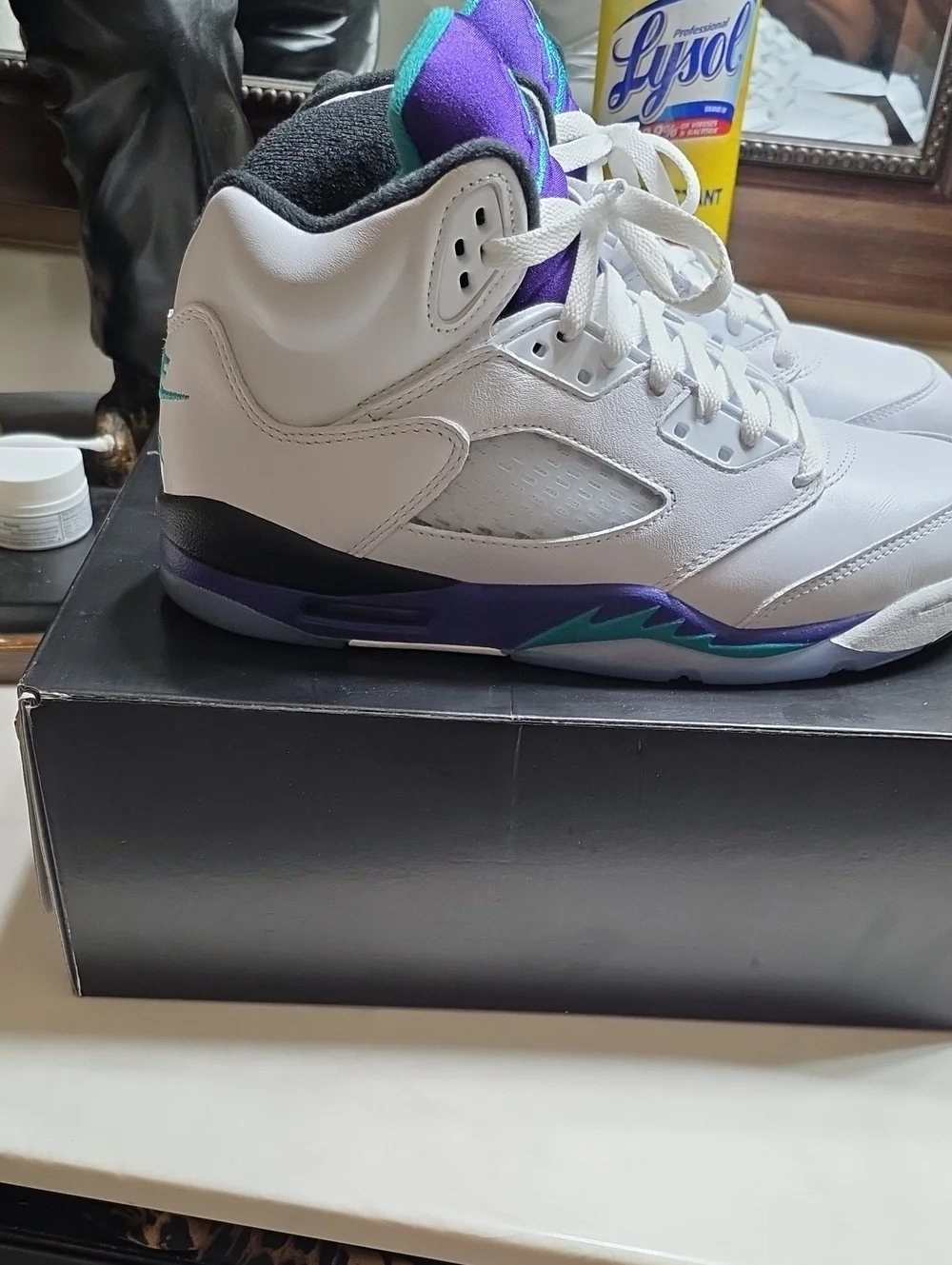 JORDAN RETRO 5    White Basketball Sneakers with Purple & Teal Accents